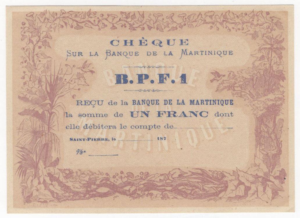Martinique 1 Franc dated 187x, unissued Provisional note with no signature or serial number, these