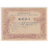 Martinique 1 Franc dated 187x, unissued Provisional note with no signature or serial number, these