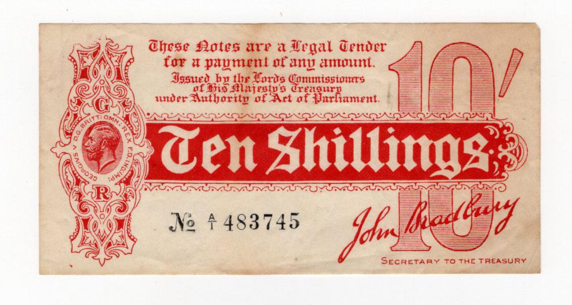 Bradbury 10 Shillings (T9) issued 1914, Royal Cypher watermark with 'AGE' also seen in watermark