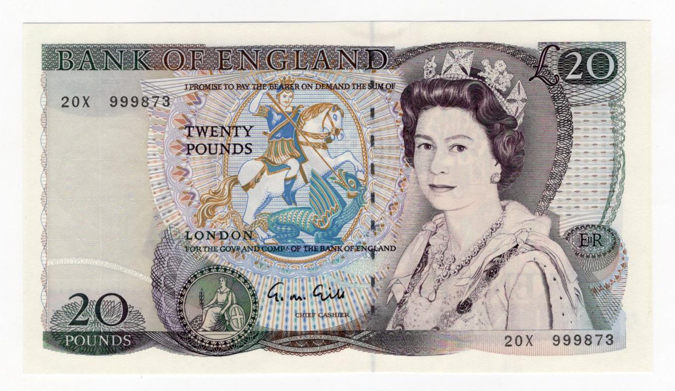Gill 20 Pounds (B355) issued 1988, rare LAST RUN (from Debden set C102) '20X' prefix, serial 20X