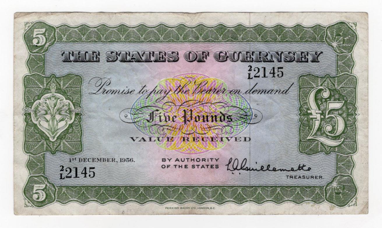 Guernsey 5 Pounds dated 1st December 1956, signed Guillemette, serial 2/L 2145 (BNB B149a,