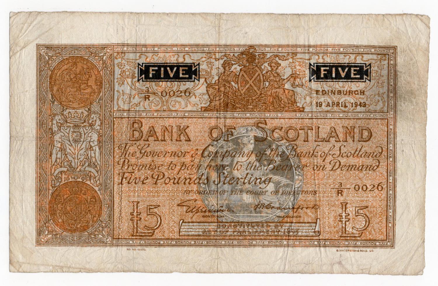 Scotland, Bank of Scotland 5 Pounds dated 19th April 1943, early date signed Lord Elphinstone & J.B.
