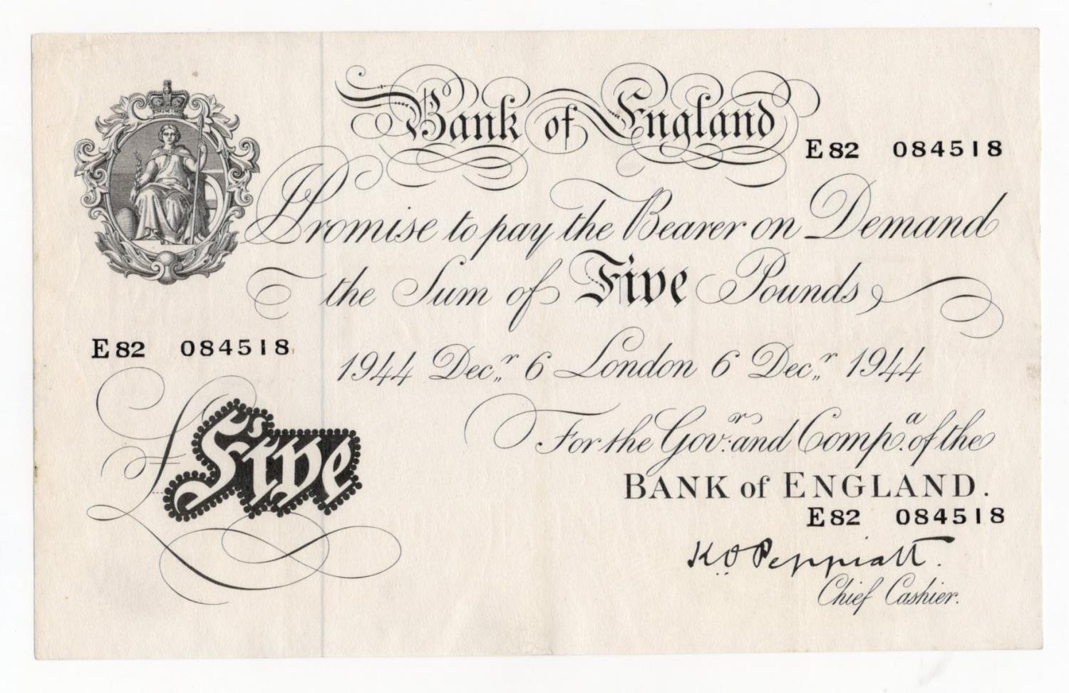 Peppiatt 5 Pounds (B255) dated 6th December 1944, serial E82 084518, London issue on thick paper (