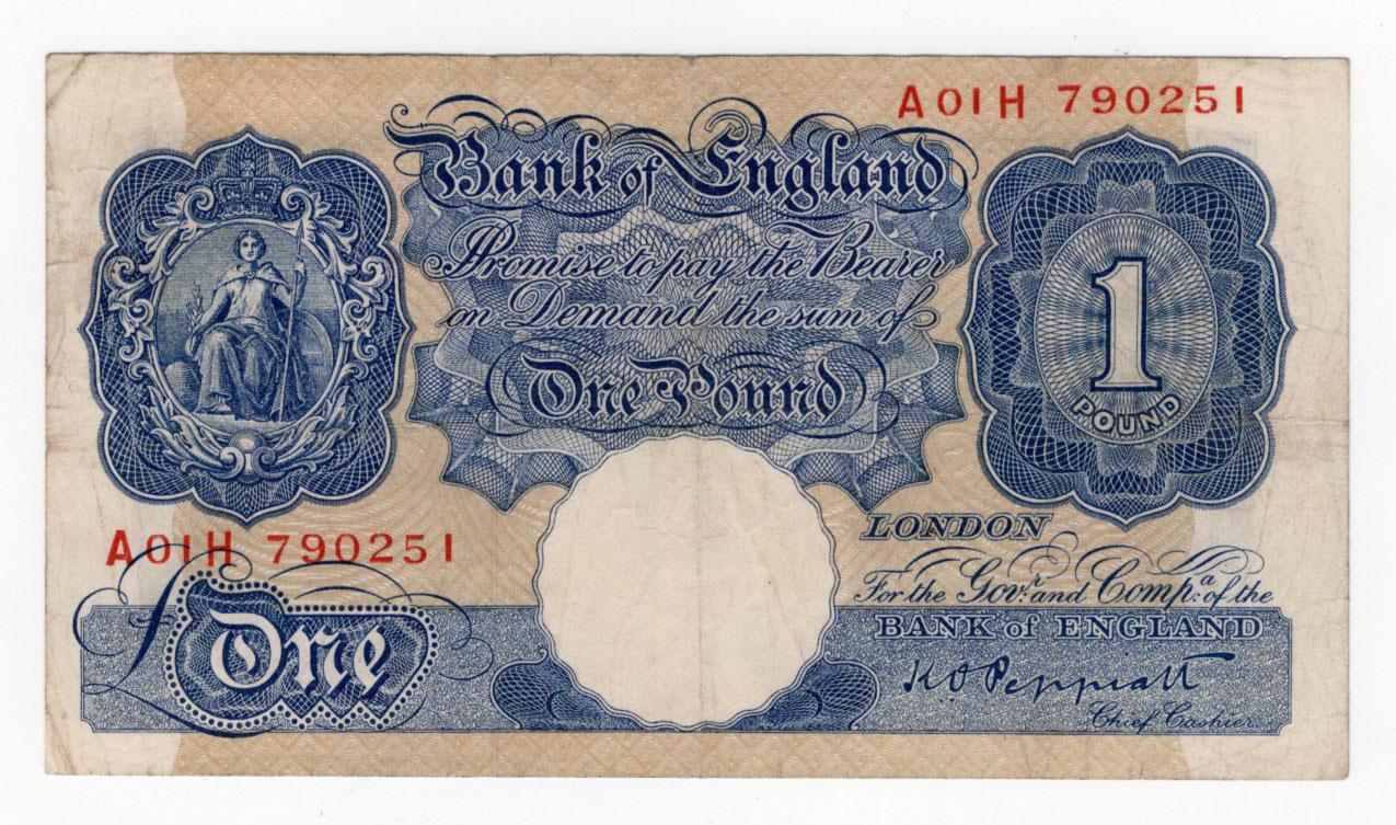 Peppiatt 1 Pound (B249) issued 1940, blue WW2 emergency issue, a rare FIRST RUN of last series '