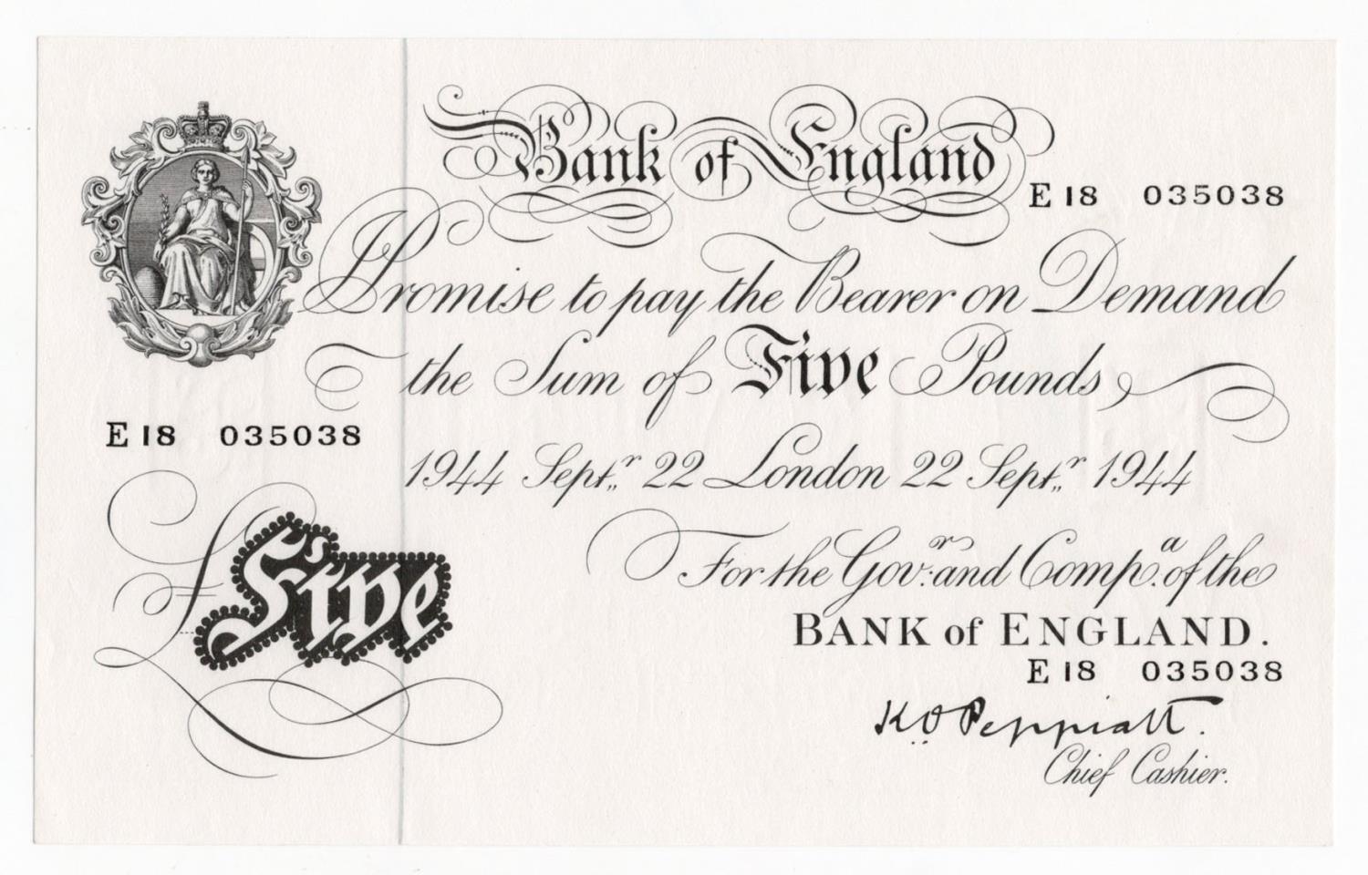 Peppiatt 5 Pounds (B255) dated 22nd September 1944, serial E18 035038, London issue on thick