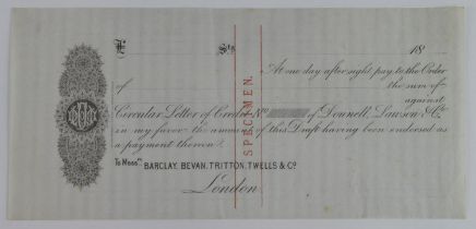 Barclay, Bevan, Tritton, Twells & Co. SPECIMEN circular letter of credit 1865 - 1888 issue, about EF