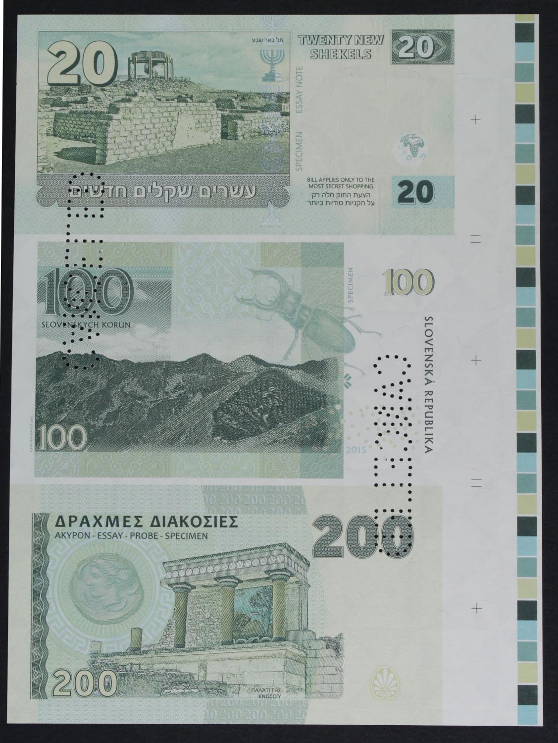 Test Note, an uncut sheet of 3 notes, Israel 20 Shekels Ziva David 'Mossad banknote' on front - Image 2 of 2