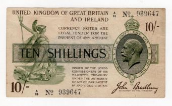 Bradbury 10 Shillings (T17) issued 1918, serial A/18 939647, No. with dot (T17, Pick350a) toned