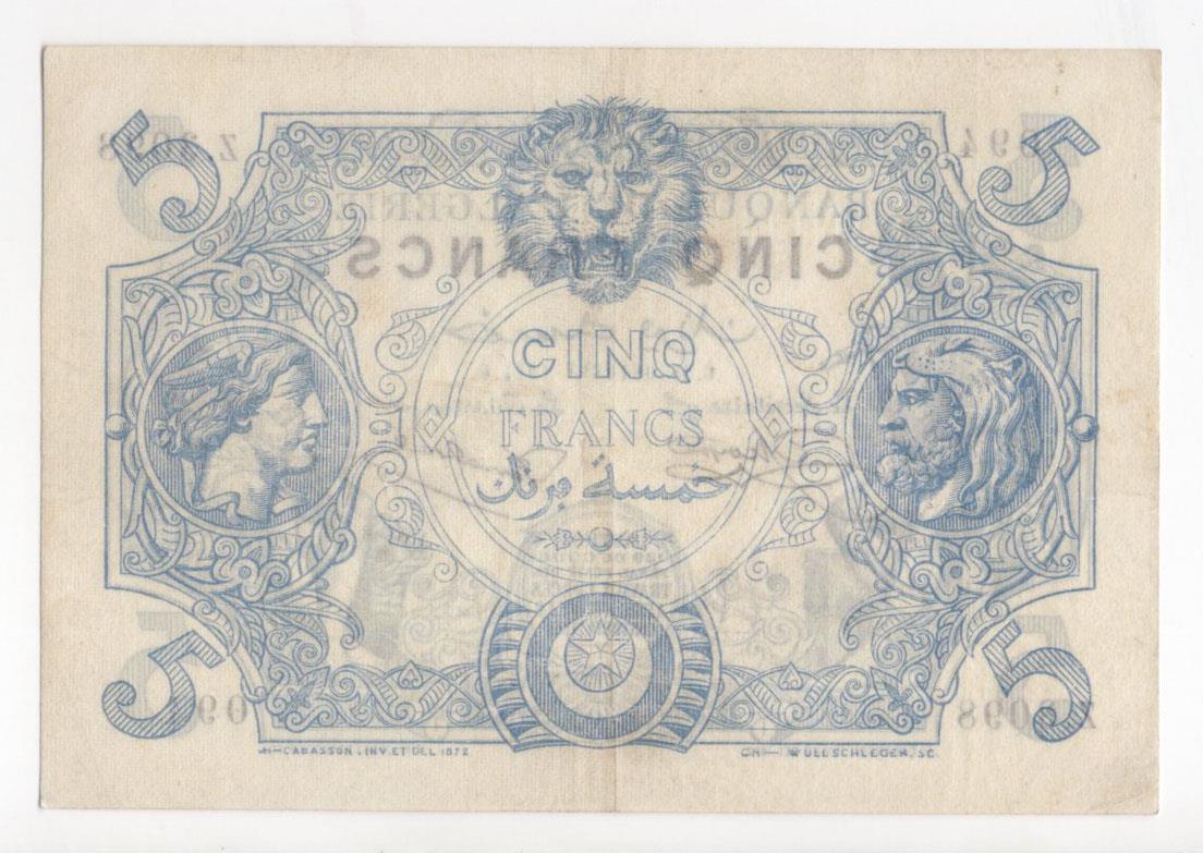 Algeria 5 Francs dated 25th October 1924, serial Z.3098 094 (BNB B117e, Pick71b) pinholes, pressed - Image 2 of 2