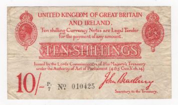 Bradbury 10 Shillings (T13.2) issued 1915, 6 digit serial number P1/7 010425 (T13.2, Pick348a)
