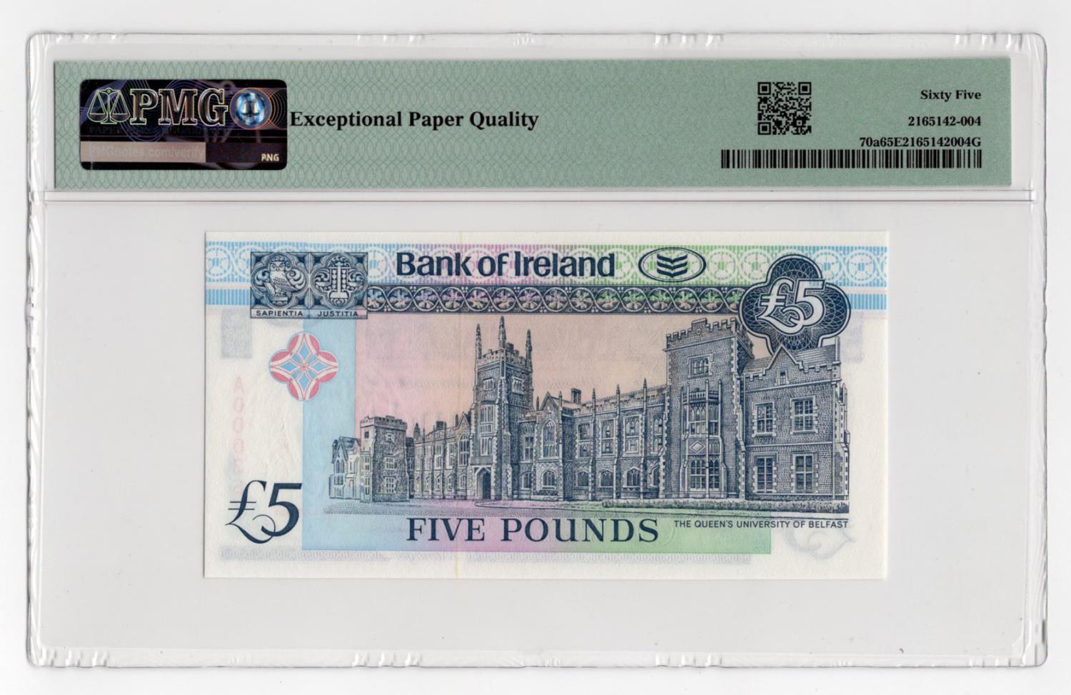 Northern Ireland, Bank of Ireland 5 Pounds dated 28th August 1990, signed D.J. Harrison, a FIRST RUN - Image 2 of 2