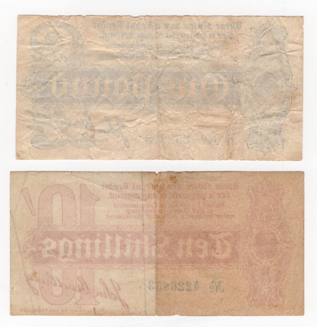 Bradbury (2), 1 Pound issued 1914, serial A/17 058273 (T3.3, Pick347) many small holes and splits, - Image 2 of 2