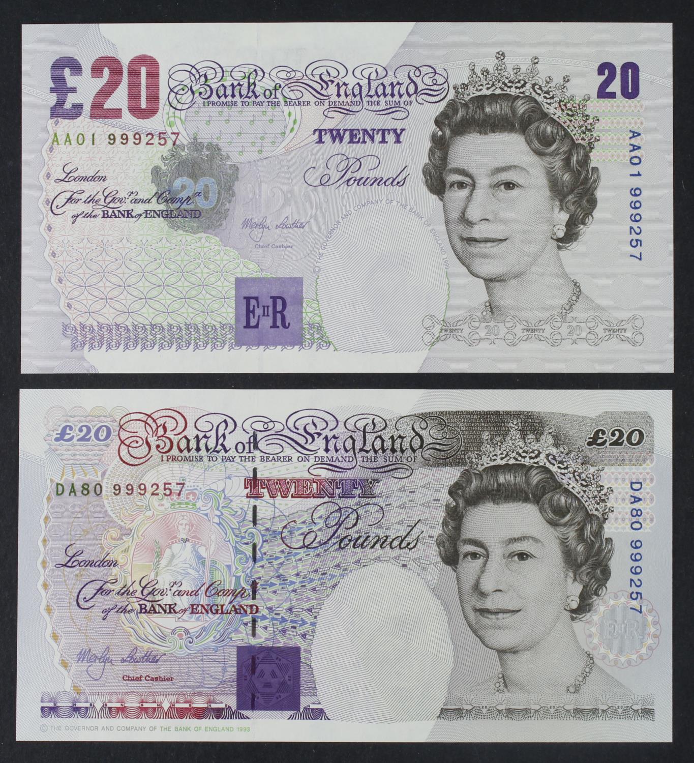 Lowther 20 Pounds (2) issued 1999, MATCHING serial number pair LAST RUN and FIRST RUN (from Debden