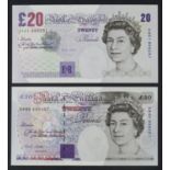 Lowther 20 Pounds (2) issued 1999, MATCHING serial number pair LAST RUN and FIRST RUN (from Debden