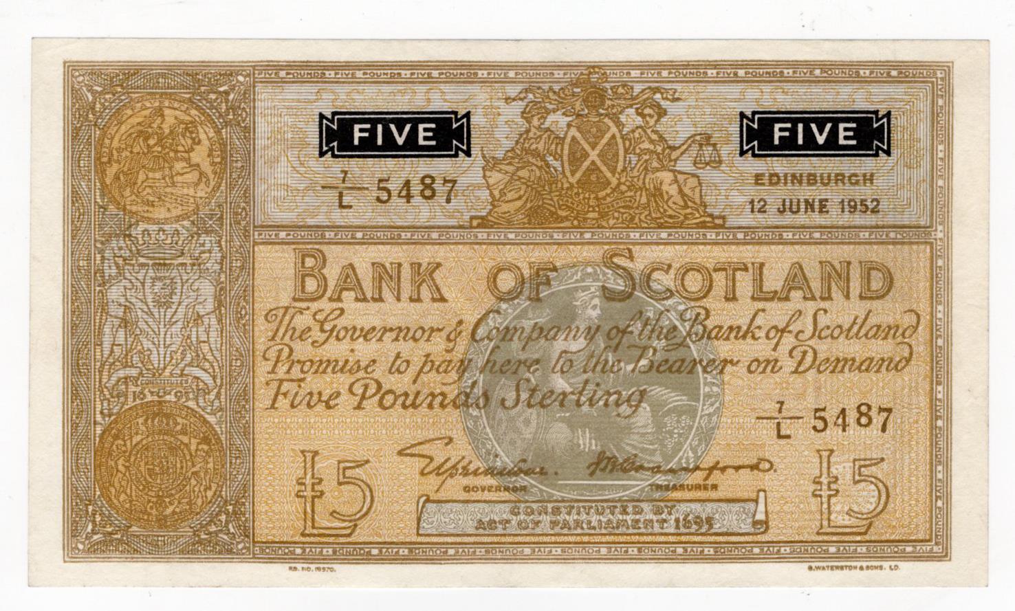 Scotland, Bank of Scotland 5 Pounds dated 12th June 1952, signed Lord Elphinstone & William