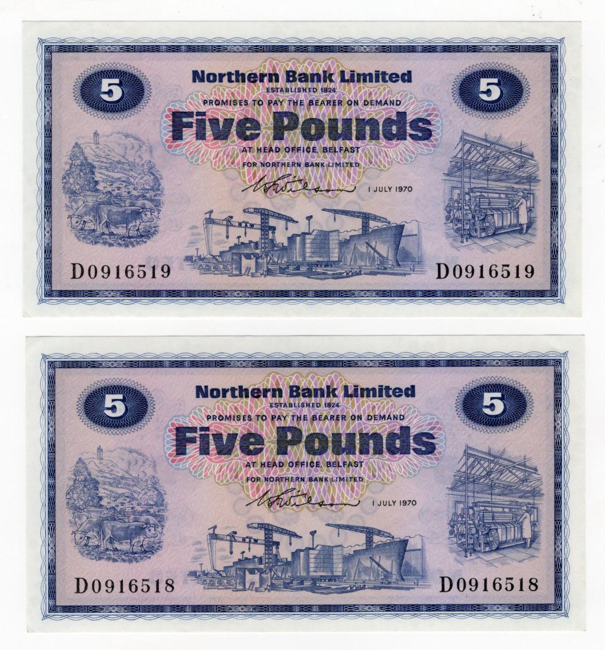 Northern Ireland, Northern Bank Limited 5 Pounds (2) dated 1st July 1970 signed W.S. Wilson, a