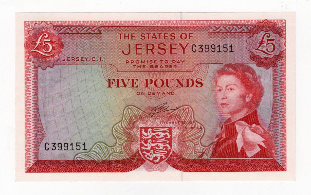 Jersey 5 Pounds issued 1963 signed J. Clennett, serial C399151 (TBB B109b, Pick9b) Uncirculated