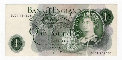 ERROR Page 1 Pound issued 1970, vertical double gutter fold running through portrait of Queen,