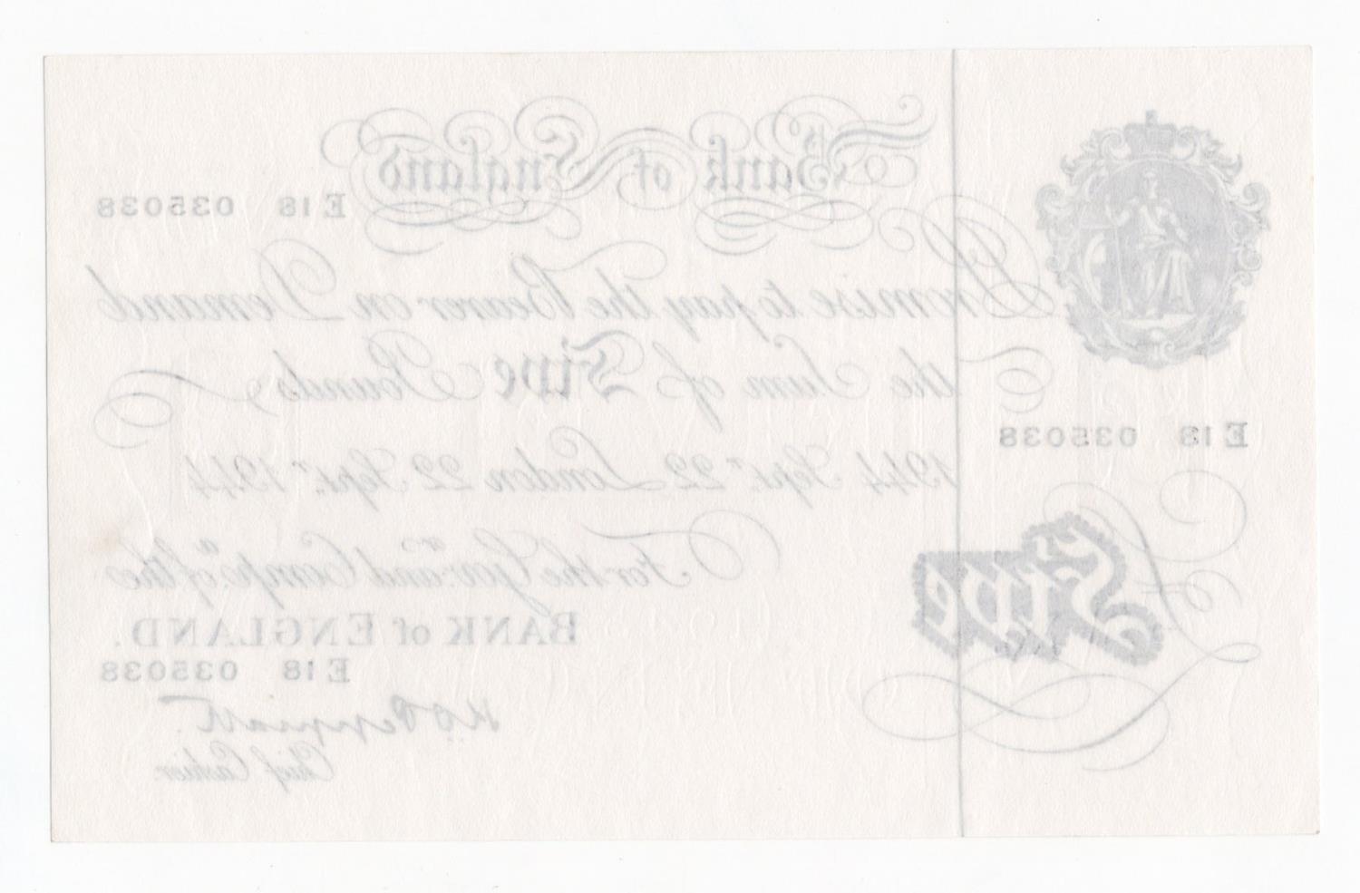 Peppiatt 5 Pounds (B255) dated 22nd September 1944, serial E18 035038, London issue on thick - Image 2 of 2
