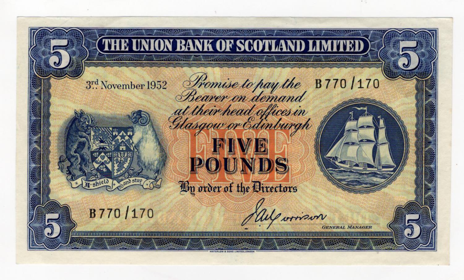 Scotland, Union Bank 5 Pounds dated 3rd November 1952, signed Morrison, serial B 770/170 (PMS UB69a,