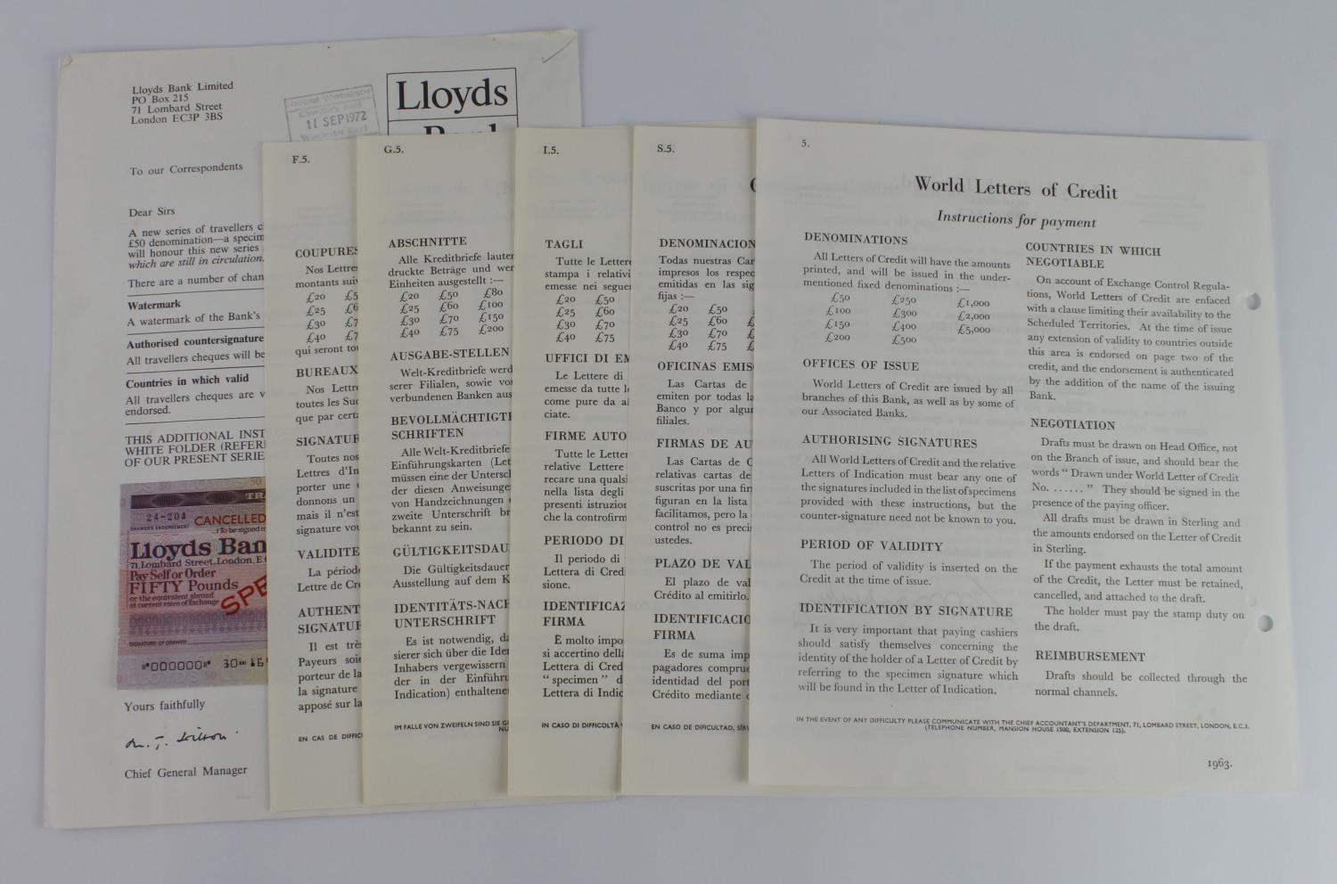 Lloyds Bank Limited SPECIMEN Letters of Credit, Letters of Indication and Travellers Cheques 1950' - Image 5 of 20