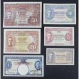 Malaya (6), 1 Dollar, 50 Cents, 20 Cents, 10 Cents, 5 Cents and 1 Cent all dated 1st July 1941