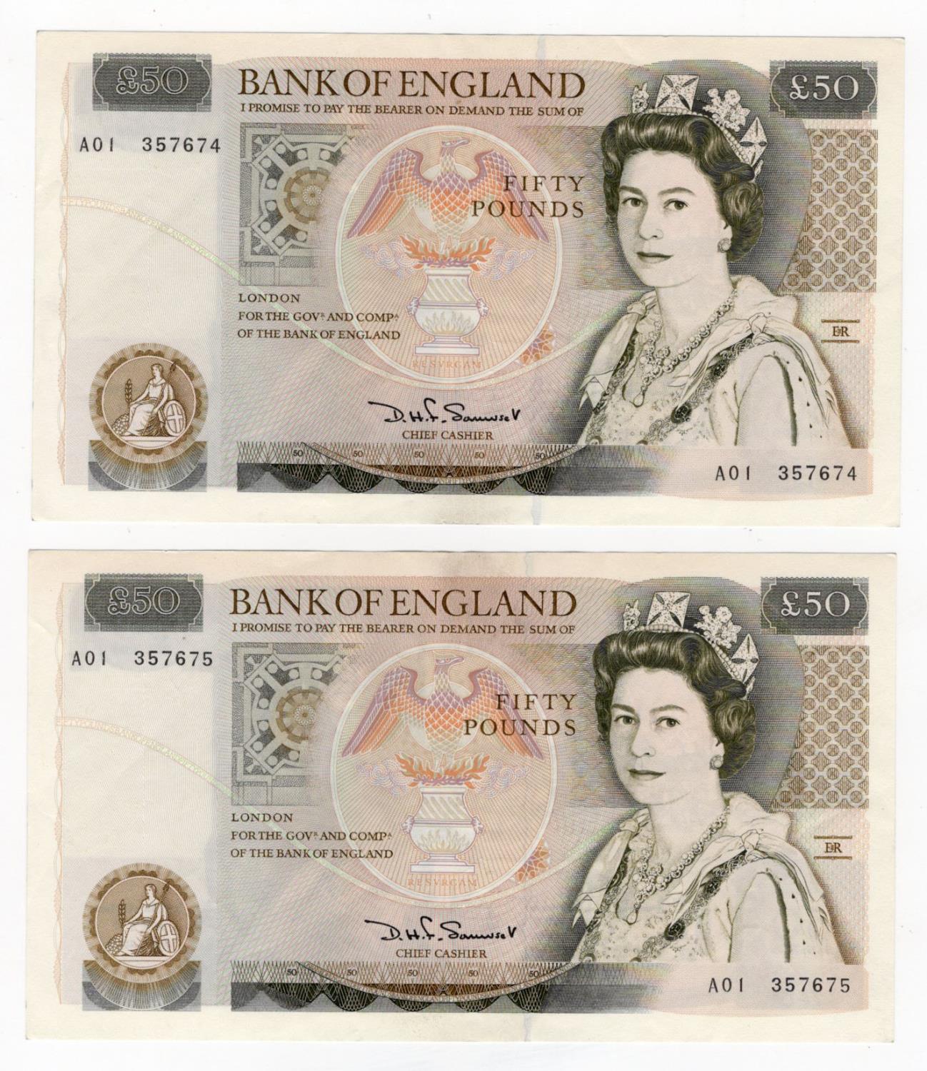 Somerset 50 Pounds (B352) issued 1981 (2), a consecutively numbered pair of FIRST RUN notes,