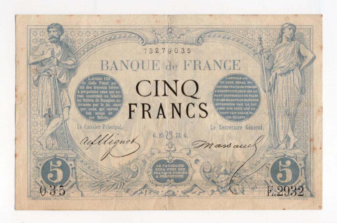 France 5 Francs dated 1873, serial E.2932 035 (Pick60) pinholes, some dirt, VF and scarce