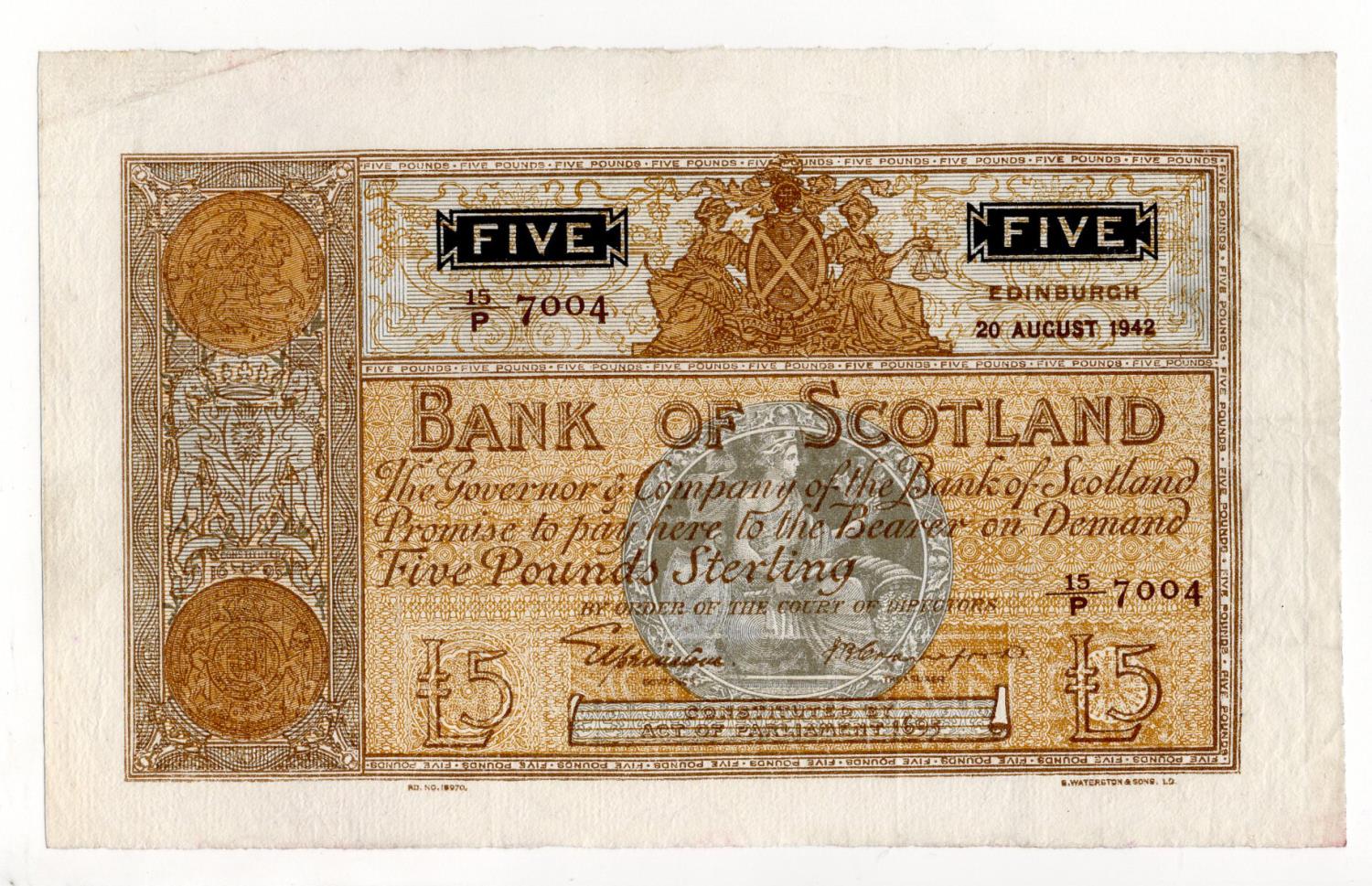 Scotland, Bank of Scotland 5 Pounds dated 20th August 1942, signed Lord Elphinstone & John B.