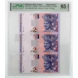 Malaysia 2 Ringgit (3) issued 1996 - 1999, an uncut sheet of 3 REPLACEMENT notes signed A.M. Don,