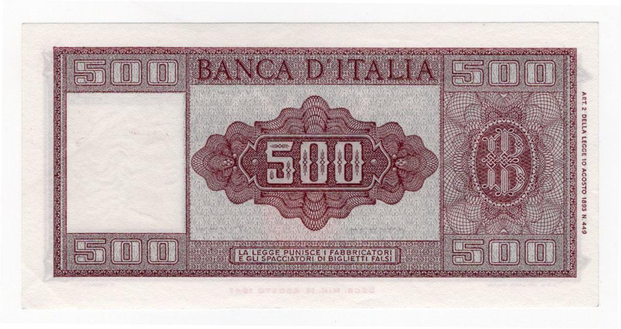 Italy 500 Lire dated 23rd March 1961, last date of issue, signed Carli & Ripa, serial D177 078547 ( - Image 2 of 2