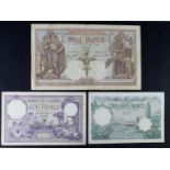 Algeria (3), 1000 Francs dated 1938, 100 Francs dated 1938, 50 Francs dated 1933 (BNB B126, B127 &