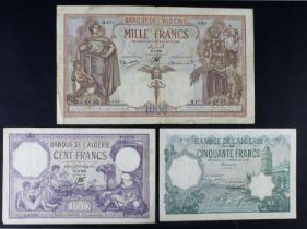 Algeria (3), 1000 Francs dated 1938, 100 Francs dated 1938, 50 Francs dated 1933 (BNB B126, B127 &
