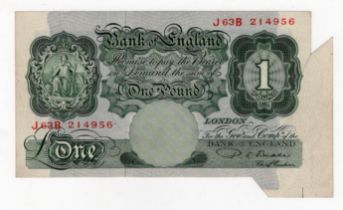 ERROR Beale 1 Pound issued 1950, a scarce Britannia error, extra paper FISHTAIL at right, serial