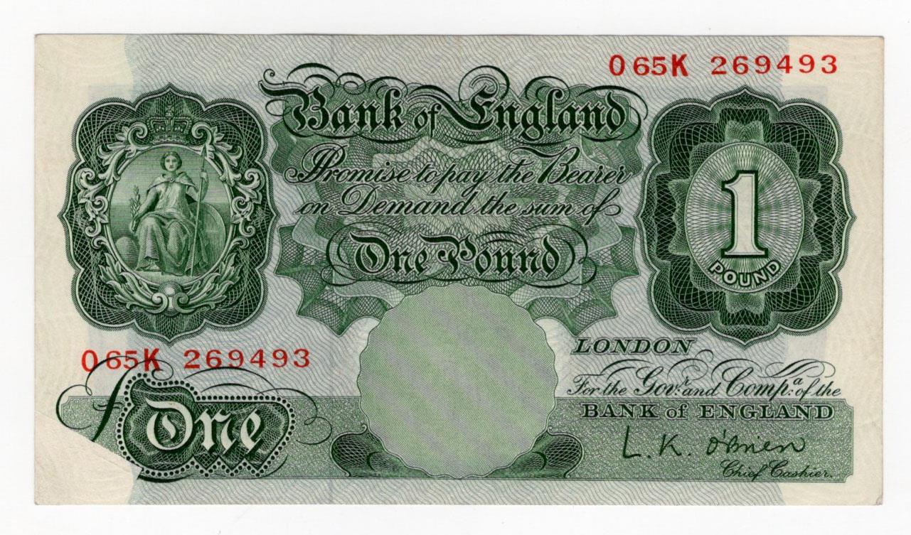 ERROR O'Brien 1 Pound issued 1955, small area of design missing bottom left, serial O65K 269493 (