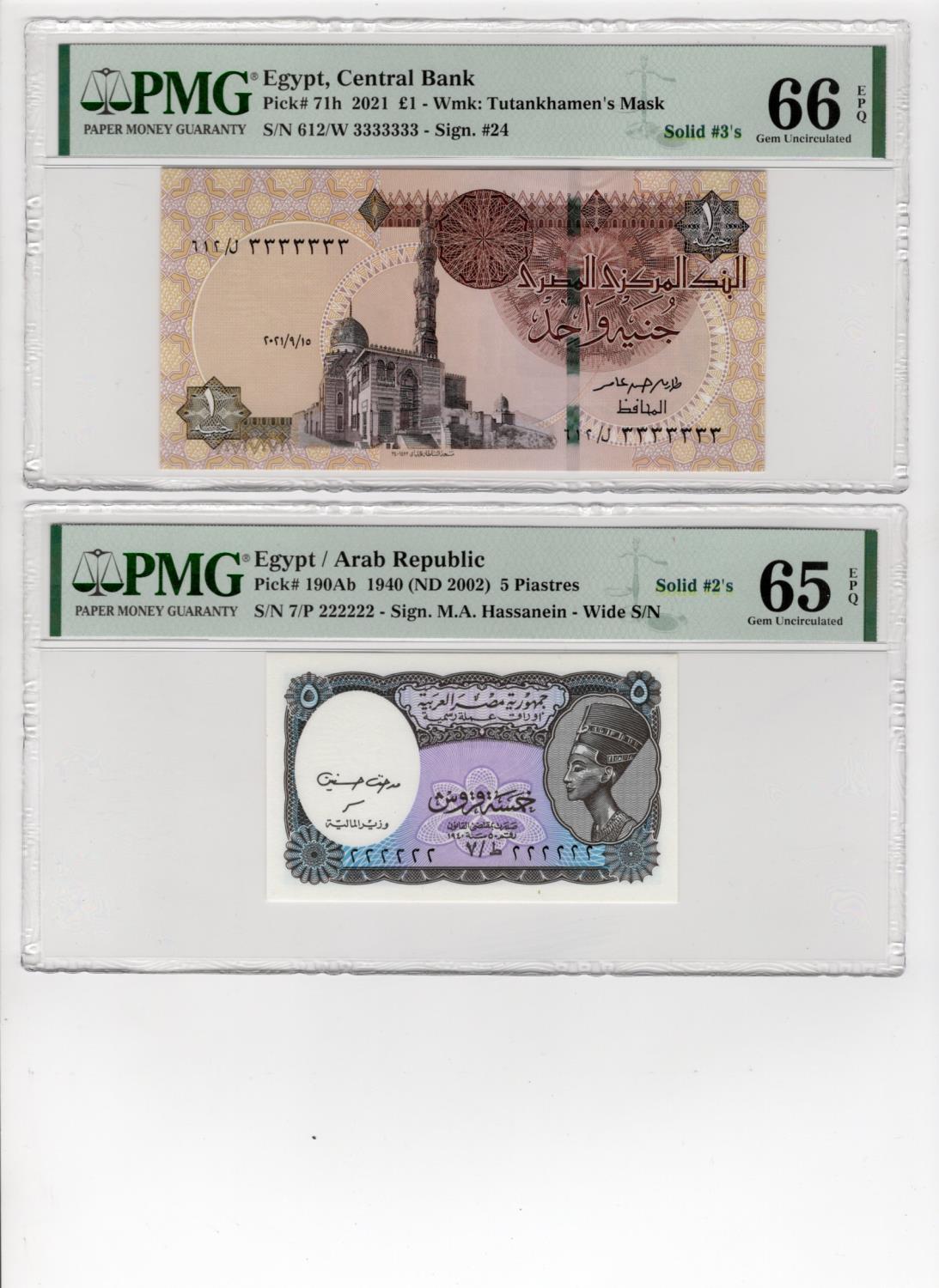 Egypt (2), a pair of SOLID serial numbers, 5 Piastres Law 1940 issued 2002, signed M.A. Hassanein,