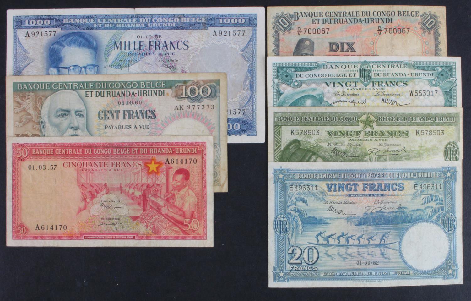 Belgian Congo (7), Banque du Congo Belge et du Ruanda-Urundi 1000 Francs 1958, 100 Francs 1960, 50