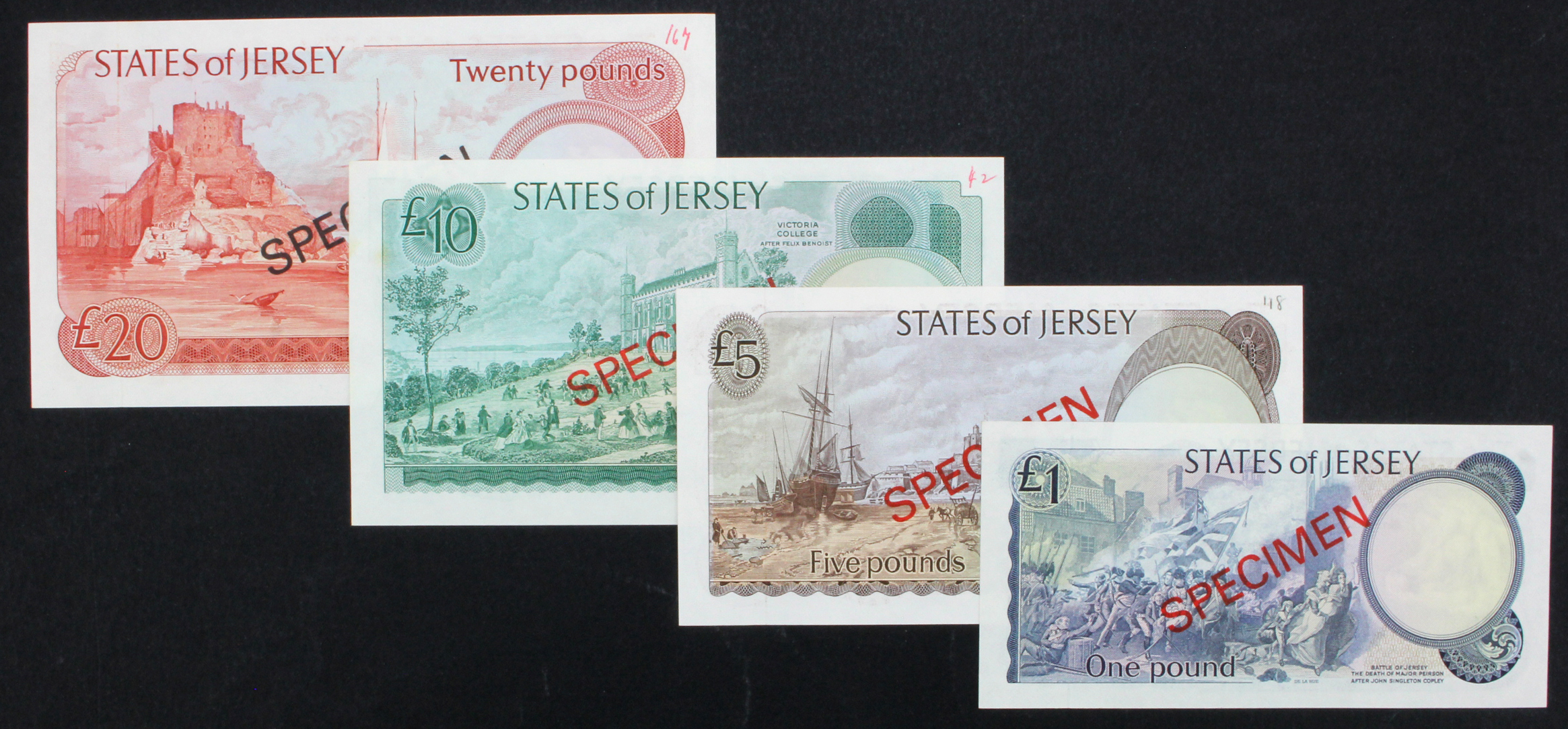 Jersey (4), a set of SPECIMEN notes, 20 Pounds, 10 Pounds, 5 Pounds and 1 Pound issued 1976 signed