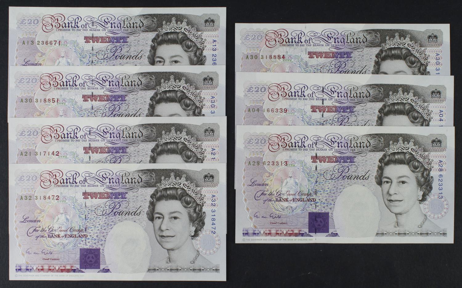 Gill 20 Pounds (B358) issued 1991 (7), a group of FIRST SERIES notes (B358, Pick384a) EF+ to about