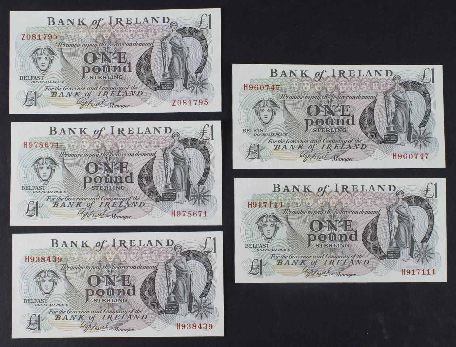 Northern Ireland, Bank of Ireland 1 Pound (5) issued 1980's (1983), signed A.S.J. O'Neill, including