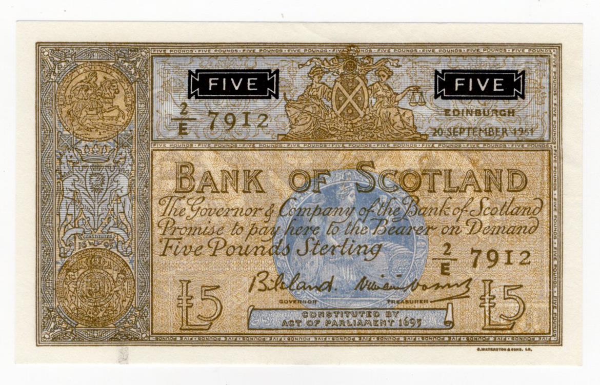 Scotland, Bank of Scotland 5 Pound dated 20th September 1961, signed Lord Bilsland & William Watson,