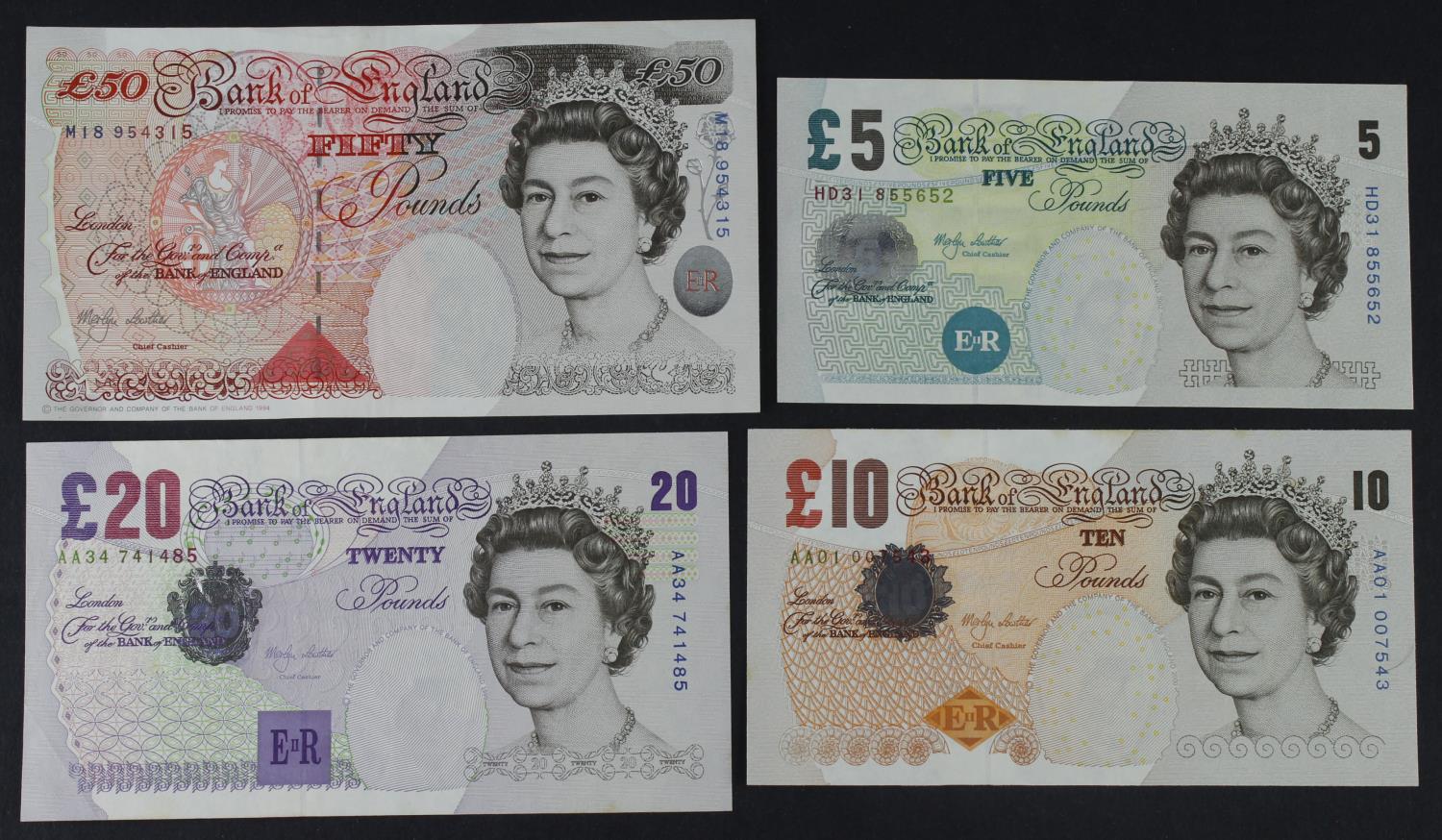 Lowther (4), 50 Pounds issued 1999, serial M18 954315 (B385, Pick388b) EF, 20 Pounds issued 1999,