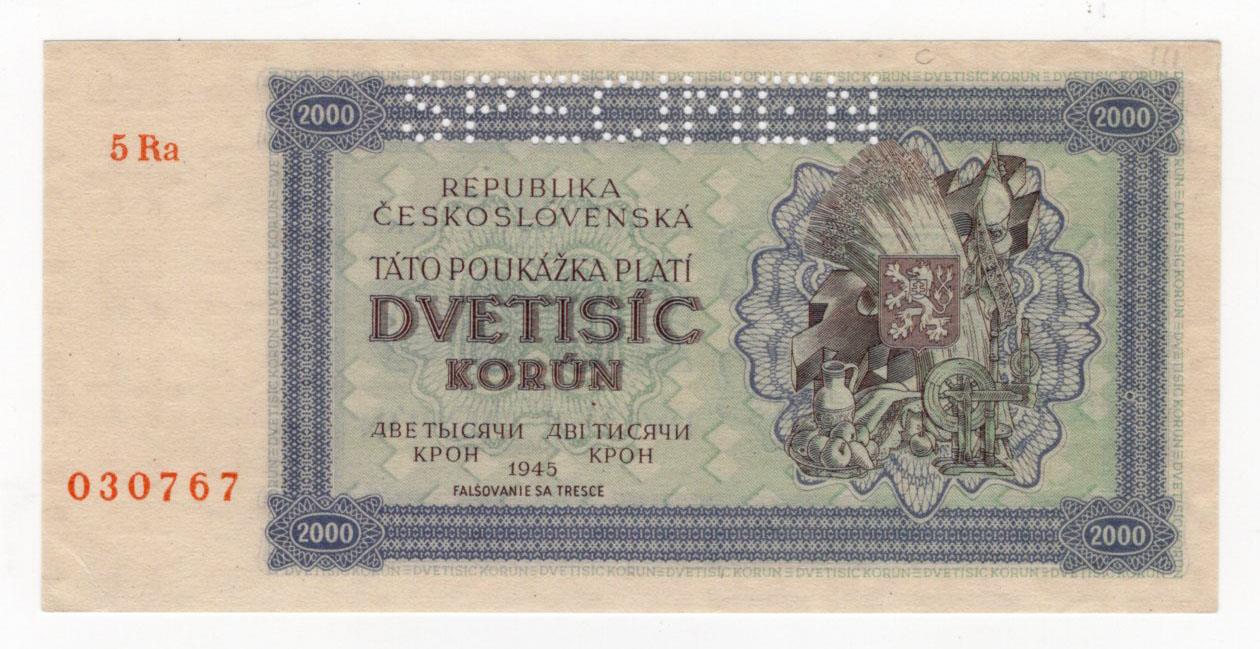 Czechoslovakia 2000 Korun dated 1945, SPECIMEN note serial 5Ra 030767, perforated 'SPECIMEN' (BNB