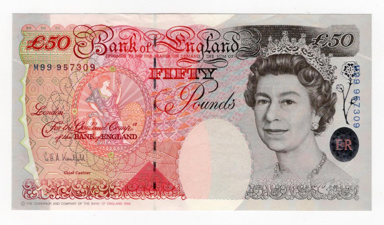 Kentfield 50 Pounds (B378) issued 1994, exceptionally scarce EXPERIMENTAL note 'M99' prefix,