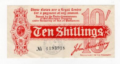 Bradbury 10 Shillings (T9) issued 1914, Royal Cypher watermark, serial A/9 193918, No. with dot (T9,