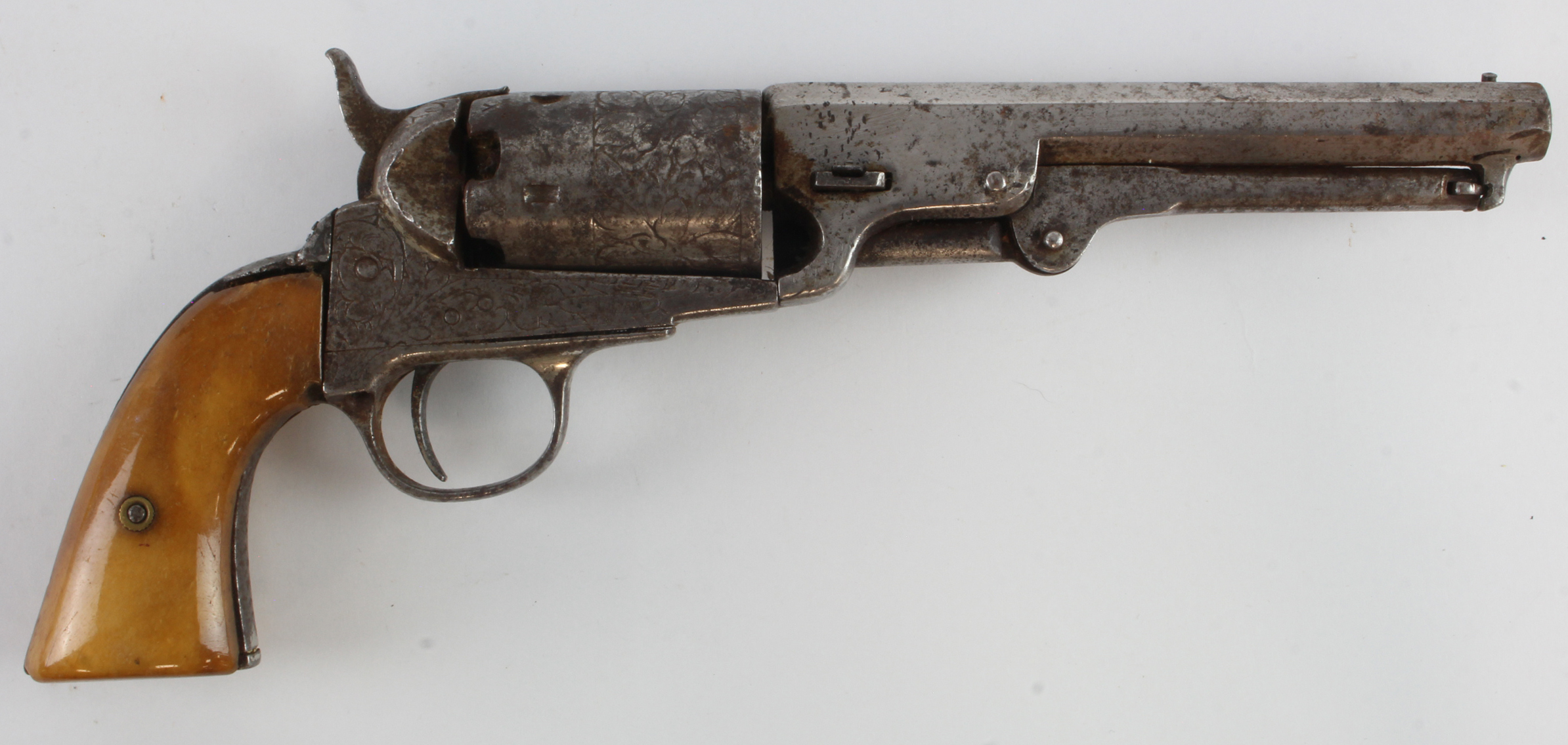 Revolver, 19th century percussion pistol, octagonal barrel 5.5", and trigger guard "35 Cal", long