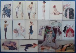 Postcards, Glamour, a good Art Deco glamour mix of 17 cards with Lingerie's studies by Perot (9),