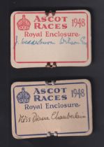 Horse Racing Badges, Royal Ascot, two Royal Enclosure card badges for 1948, ladies & gents examples,