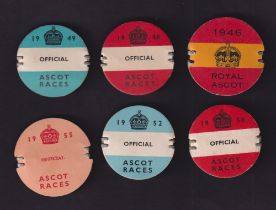 Horseracing, Royal Ascot, a collection of 6 card Officials badges for 1946, 1948, 1949, 1950, 1952 &