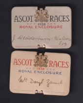 Horse Racing Badges, Royal Ascot, two Royal Enclosure card badges for 1938, ladies & gents examples,